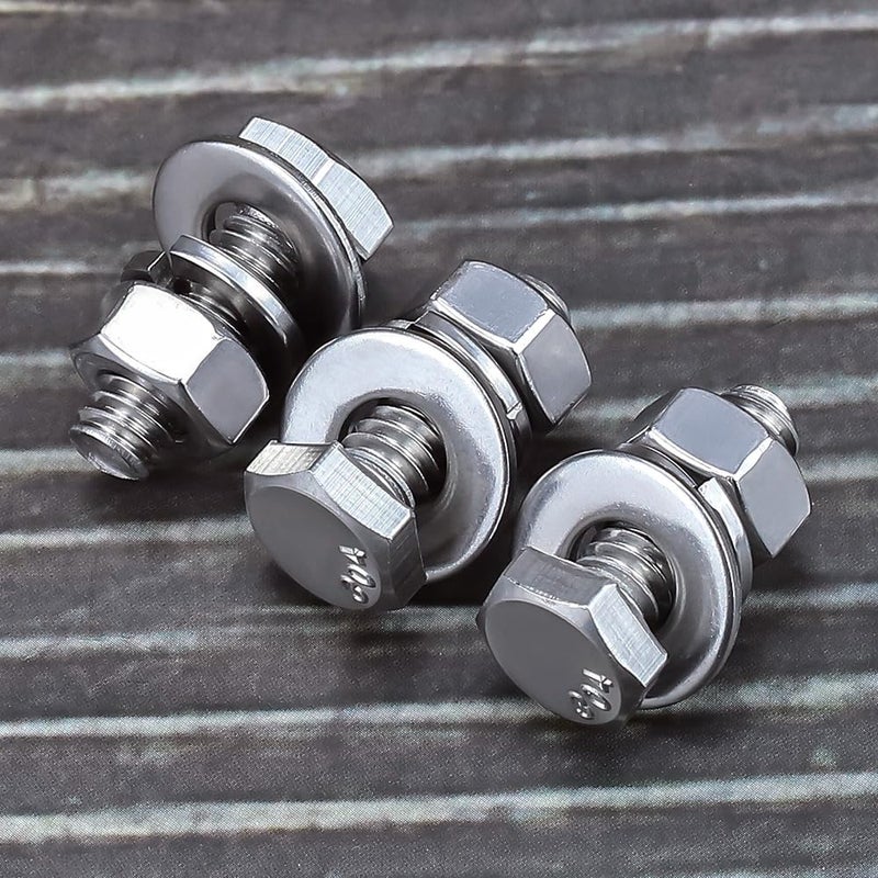 EASTLO (10 Sets) 1/4-20 x 3/4" Hex Bolt and Nut Kit, 304 Stainless Steel (18-8), Fully Threaded, Flat & Lock Washers Included - Image 3